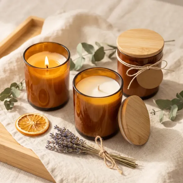 Amber Glass Candle Jars - Bamboo Lid Natural