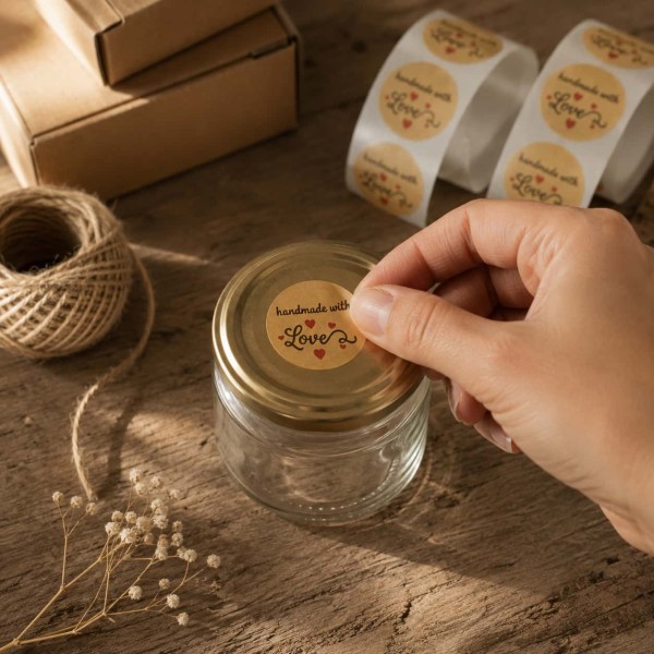 Round Handmade with Love Stickers, Kraft Look – 2.5 cm / 1 inch Round Handmade with Love Stickers, Kraft Look – 2.5 cm / 1 inch