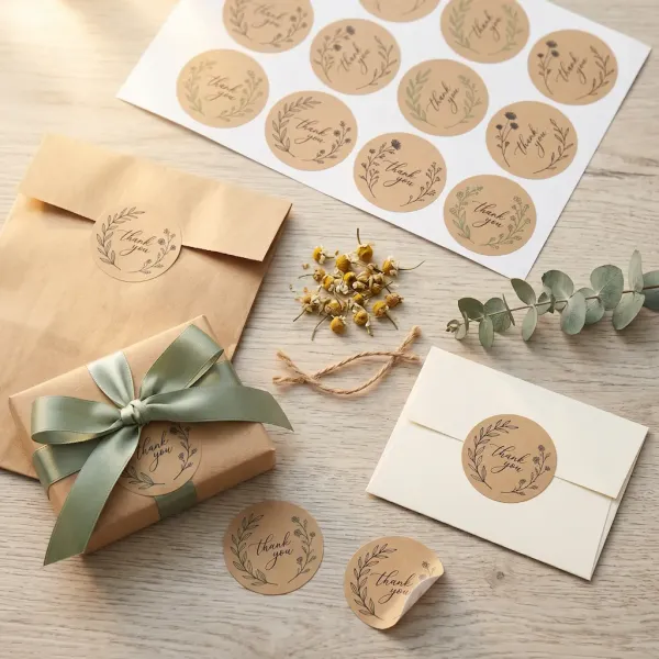 Round Kraft Thank You Stickers - Botanical Design