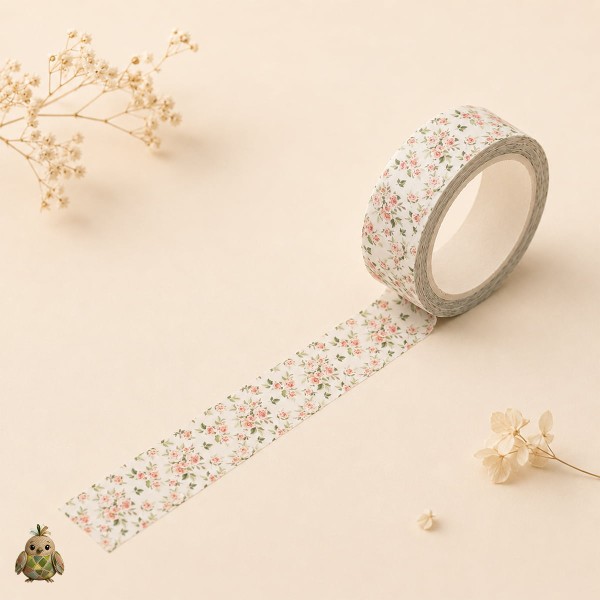 Decorative washi tape 15 mm Spring Rose - pink roses on cream background Decorative washi tape 15 mm Spring Rose - pink roses on cream background