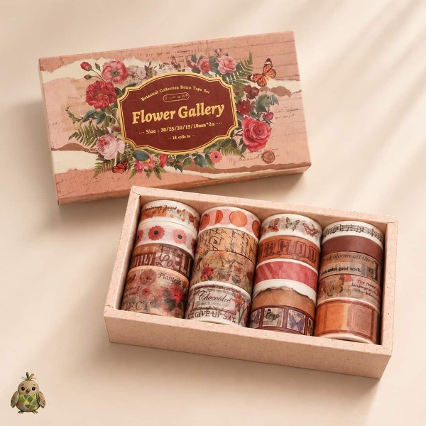 Washi Tape Set "Flower Gallery" – 18 rolls vintage botanical collection