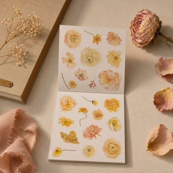 Blossom Season Warm Sun and Flowers Sticker Book – PET and Washi Floral Stickers, approx. 120 pcs Blossom Season Warm Sun and Flowers Sticker Book – PET and Washi Floral Stickers, approx. 120 pcs