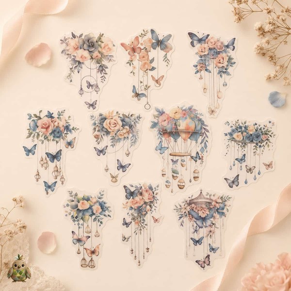 Butterfly Listening to the Wind PET Sticker Set – watercolor butterflies and flowers, 10 pcs