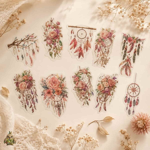 Catching Dreams PET Sticker Set – pink flowers and dreamcatcher accents, 10 pcs Catching Dreams PET Sticker Set – pink flowers and dreamcatcher accents, 10 pcs