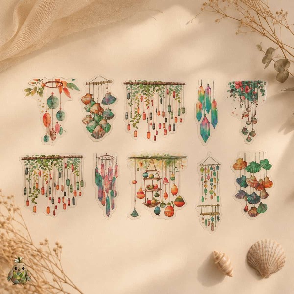 Flower Bells Follow the Wind PET Sticker Set – botanical leaves and hanging floral bells, 10 pcs Flower Bells Follow the Wind PET Sticker Set – botanical leaves and hanging floral bells, 10 pcs