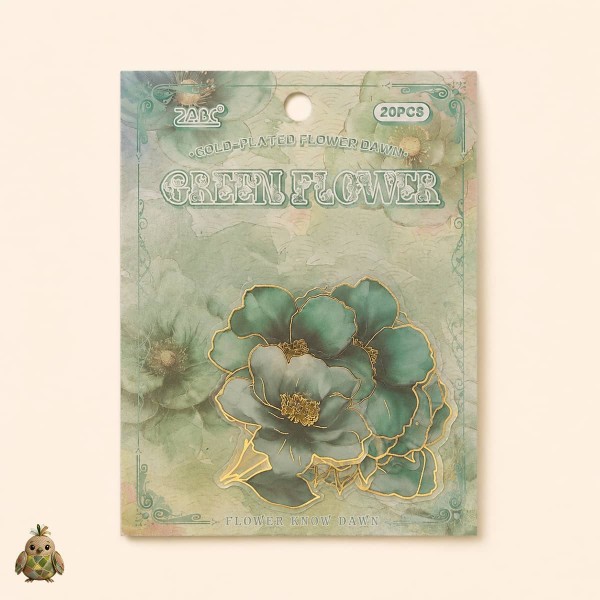 Gold-Plated Flower Dawn Green Flower PET Sticker Set – green flowers with gold details, 20 pcs Gold-Plated Flower Dawn Green Flower PET Sticker Set – green flowers with gold details, 20 pcs