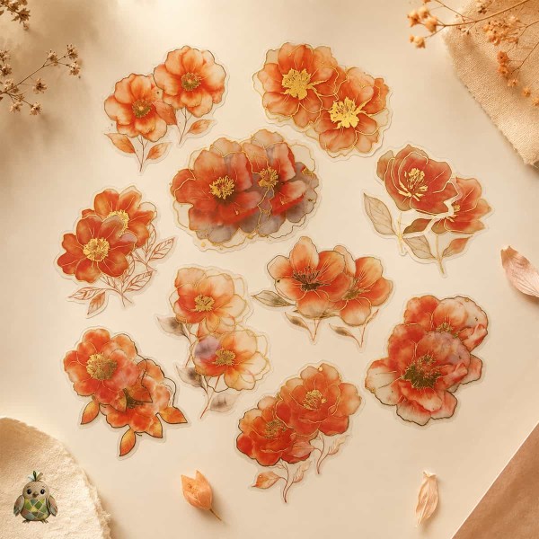 Gold-Plated Flower Dawn Orange Core Gardenia PET Sticker Set – orange flowers with gold details, 20 pcs
