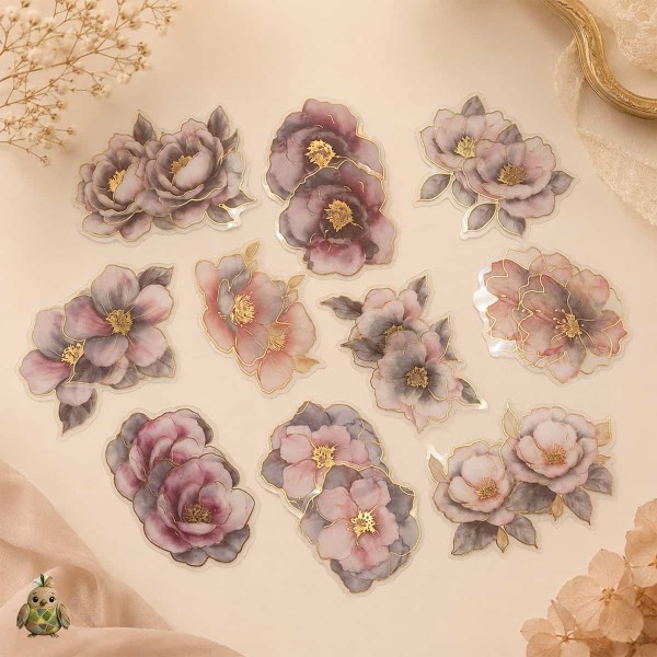 Gold-Plated Flower Dawn Pink Mist Dream PET Sticker Set – pink grey flowers with gold details, 20 pcs