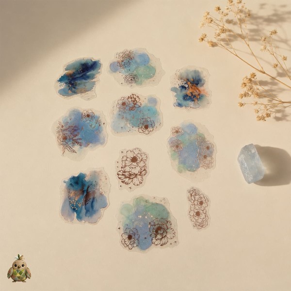 Starry Flower Charm Sea Rhyme Paeoniae PET Sticker Set – blue flowers with rose-gold details, 10 pcs
