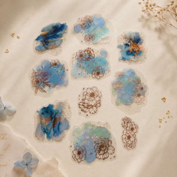 Starry Flower Charm Sea Rhyme Paeoniae PET Sticker Set – blue flowers with rose-gold details, 10 pcs
