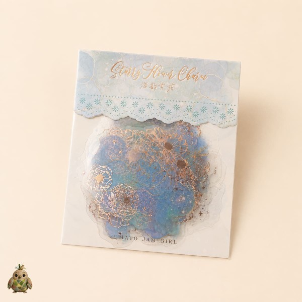 Starry Flower Charm Sea Rhyme Paeoniae PET Sticker Set – blue flowers with rose-gold details, 10 pcs