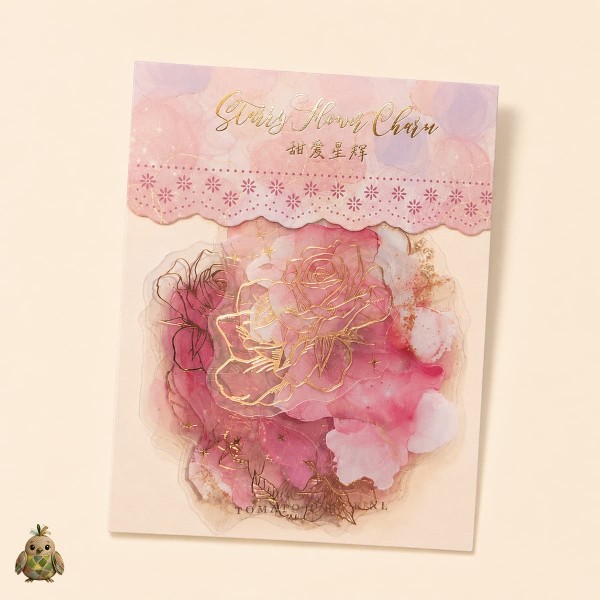 Starry Flower Charm Sweet Starlight PET Sticker Set – pink flowers with gold details, 10 pcs Starry Flower Charm Sweet Starlight PET Sticker Set – pink flowers with gold details, 10 pcs
