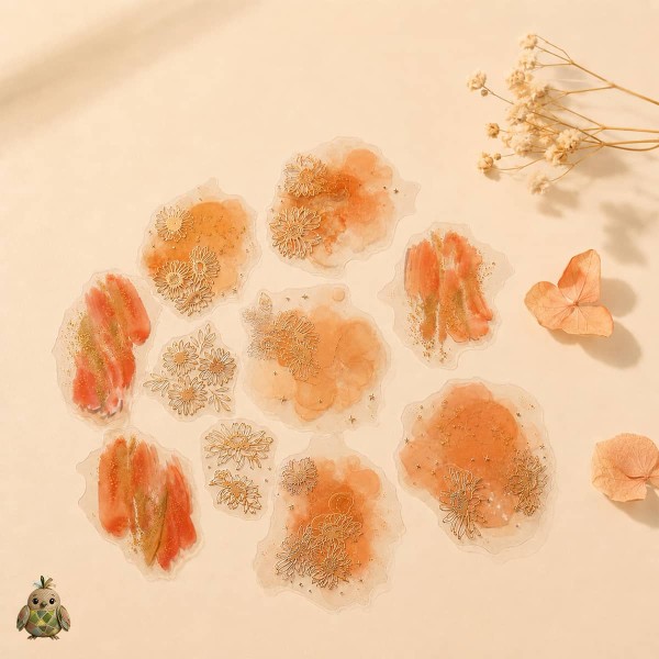 Starry Flower Charm Warm Sun Dance PET Sticker Set – warm flowers with rose-gold details, 10 pcs Starry Flower Charm Warm Sun Dance PET Sticker Set – warm flowers with rose-gold details, 10 pcs