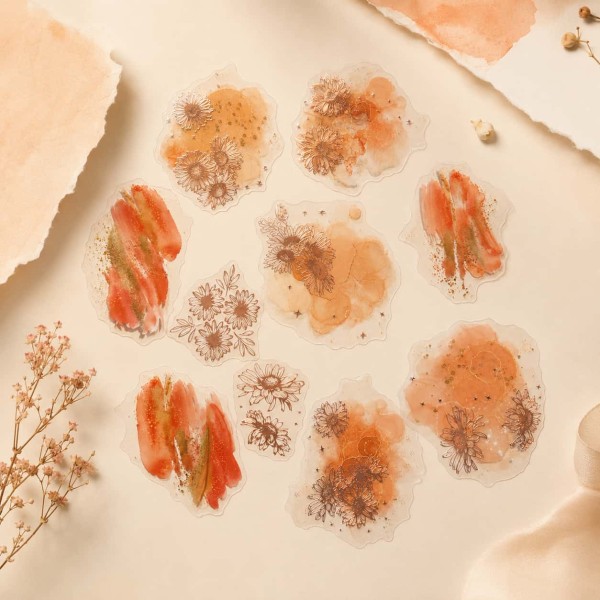 Starry Flower Charm Warm Sun Dance PET Sticker Set – warm flowers with rose-gold details, 10 pcs Starry Flower Charm Warm Sun Dance PET Sticker Set – warm flowers with rose-gold details, 10 pcs