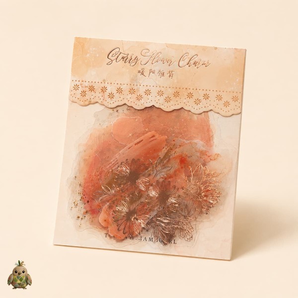 Starry Flower Charm Warm Sun Dance PET Sticker Set – warm flowers with rose-gold details, 10 pcs Starry Flower Charm Warm Sun Dance PET Sticker Set – warm flowers with rose-gold details, 10 pcs