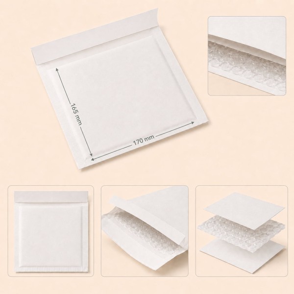 White Bubble Mailer Envelope – self-seal protective padded envelope, 170 x 165-mm White Bubble Mailer Envelope – self-seal protective padded envelope, 170 x 165-mm