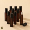 Set of 10 Square Amber Glass Roll-On Bottles, 10 ml, with Metal Roller Balls and Black Caps