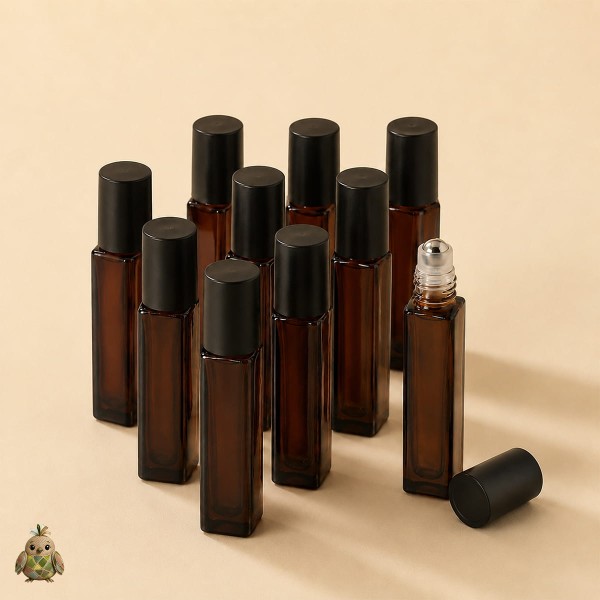 Set of 10 Square Amber Glass Roll-On Bottles, 10 ml, with Metal Roller Balls and Black Caps