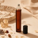 Square Amber Glass Roll-On Bottle 10 ml with Metal Roller Ball and Black Cap