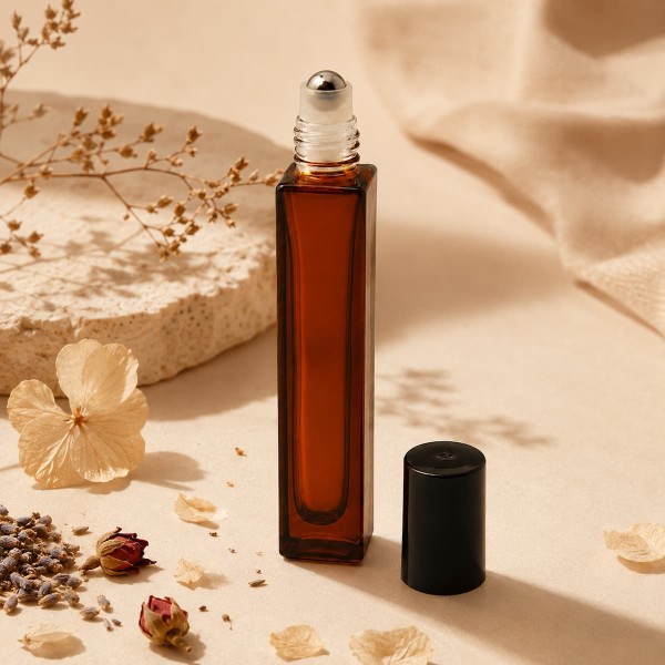 Square Amber Glass Roll-On Bottle 10 ml with Metal Roller Ball and Black Cap Square Amber Glass Roll-On Bottle 10 ml with Metal Roller Ball and Black Cap