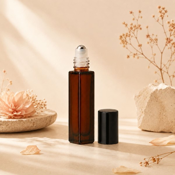 Square Amber Glass Roll-On Bottle 5 ml with Metal Roller Ball and Black Cap Square Amber Glass Roll-On Bottle 5 ml with Metal Roller Ball and Black Cap