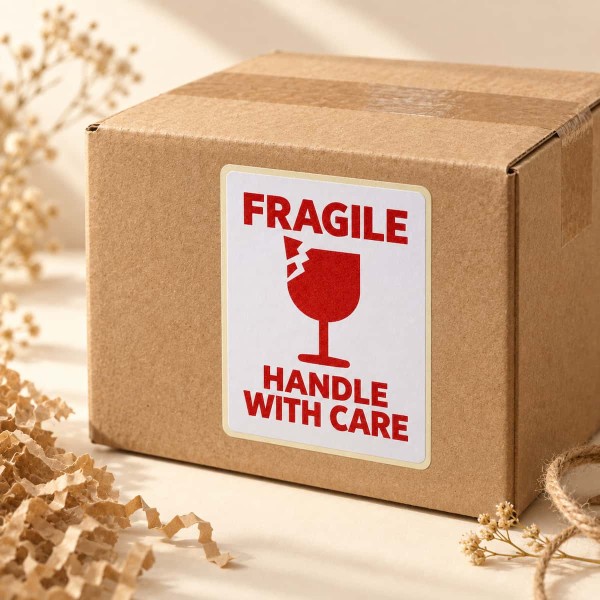 FRAGILE – Handle With Care Warning Sticker, Red on White FRAGILE – Handle With Care Warning Sticker, Red on White