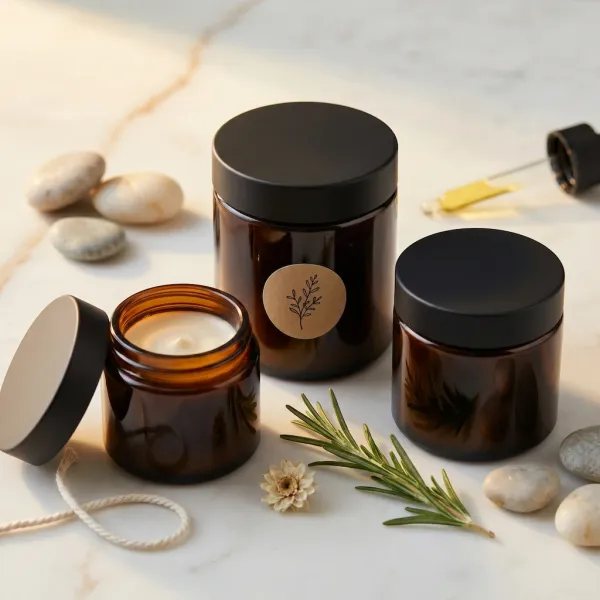 Amber Glass Cosmetic Jars - Matte Black Lid