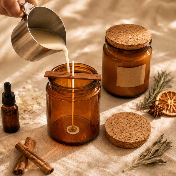100 ml Amber Glass Apothecary Candle Jar Set with Cork Lid, 10 cm Wick and Adhesive Wick Sticker 100 ml Amber Glass Apothecary Candle Jar Set with Cork Lid, 10 cm Wick and Adhesive Wick Sticker